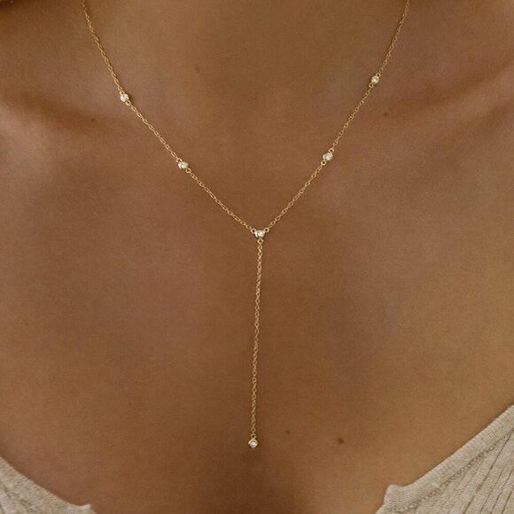 Lariat Necklace for Women, Dainty Layered Gold Long Necklaces 14k Gold Plated Be - Picture 2 of 6